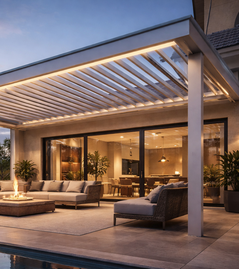 Cobertura retrátil abre e fecha em área gourmet residencial de alto padrão